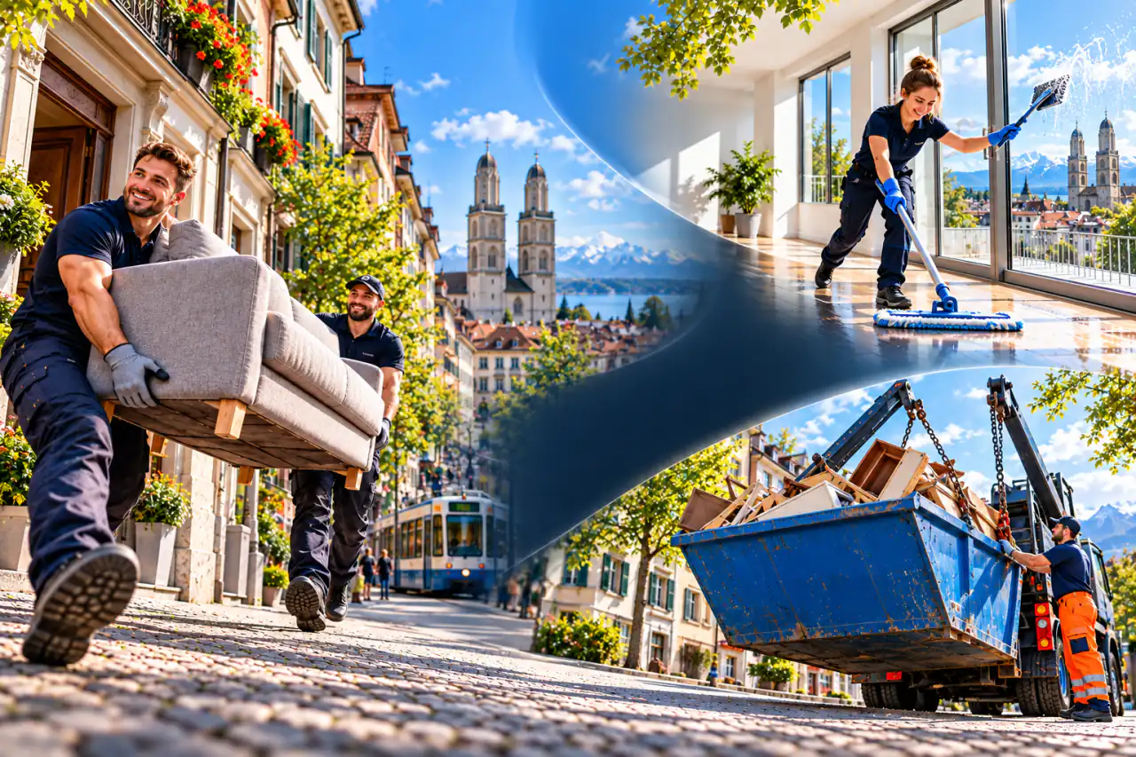 Illustration: Zwei Helfer tragen ein Sofa aus einem Zürcher Altbau, eine Reinigungskraft wischt eine leere Wohnung, eine blaue Mulde wird verladen – im Hintergrund das Grossmünster